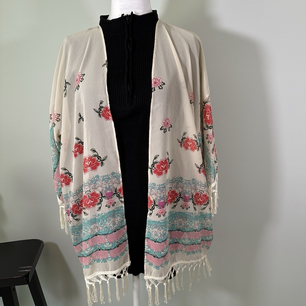 Silk Blend Sheer Floral Kimono Cardigan Boho Fringe‎ Ivory Beach XS S - Picture 3 of 9